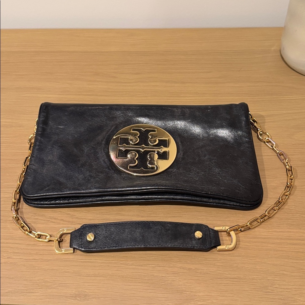 Tory Burch Black Leather Clutch with Gold Accents